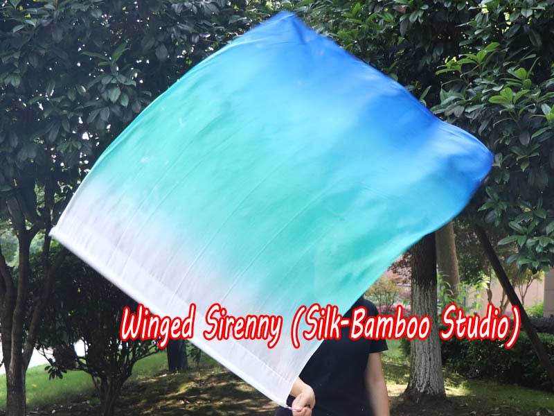 spinning silk flag poi 103cm (40") for Worship & Praise, white-aqua-turquoise-blue