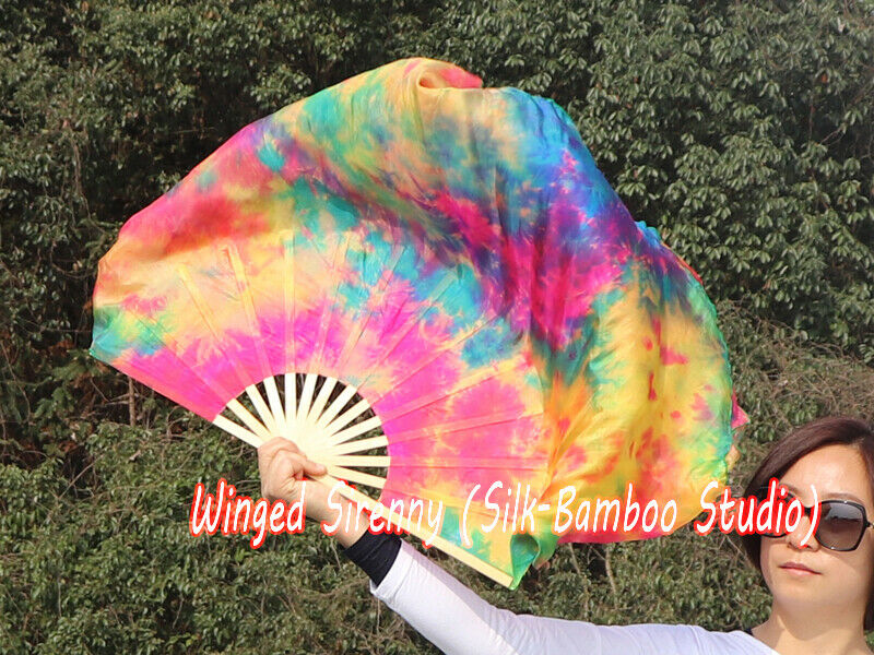 1 Pair tie-dye Spring short Chinese silk dance fan, 30cm(12") flutter