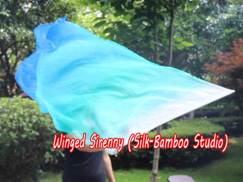 spinning silk flag poi 129cm (51") for Worship & Praise, white-aqua-turquoise-blue