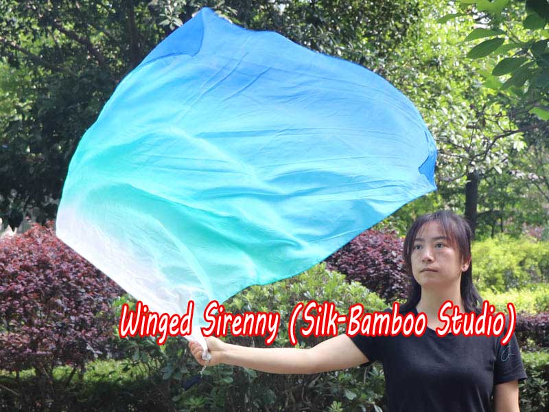 spinning silk flag poi 129cm (51") for Worship & Praise, white-aqua-turquoise-blue