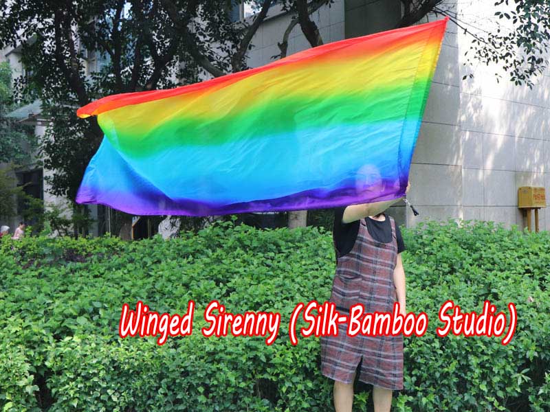 Spinning silk flag poi 174cm (68") for Worship & Praise, long side Rainbow