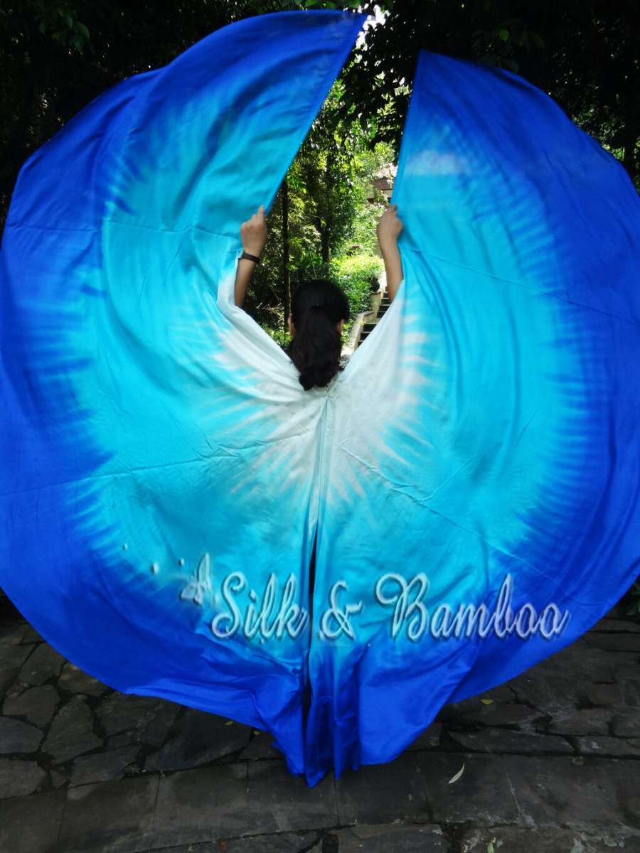 1 pair white-turquoise-blue 8 Mommes habotai belly dance silk wing