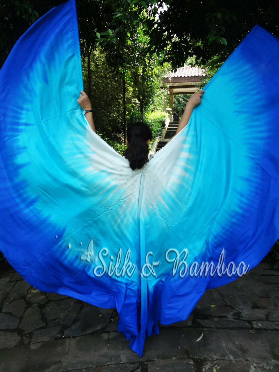 1 pair white-turquoise-blue 8 Mommes habotai belly dance silk wing
