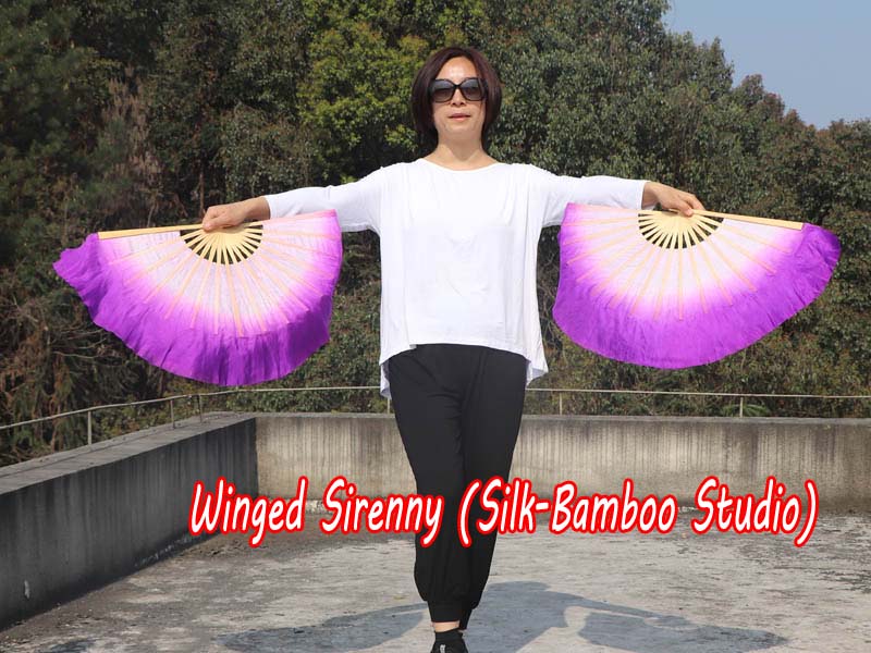 1 Pair light purple-purple short Chinese silk dance fan, 10cm (4") flutter