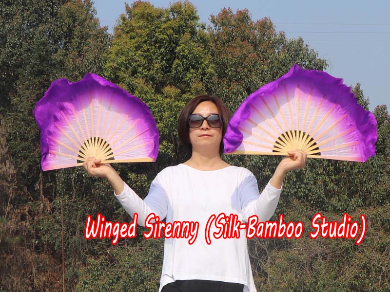 1 Pair light purple-purple short Chinese silk dance fan, 10cm (4") flutter