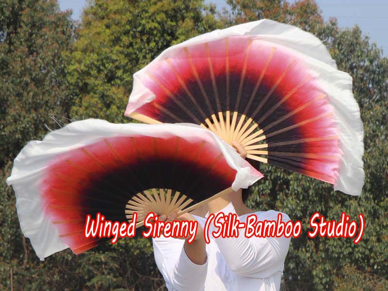 1 Pair black-red-white short Chinese silk dance fan, 10cm (4") flutter