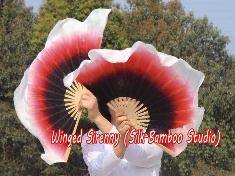 1 Pair black-red-white short Chinese silk dance fan, 10cm (4") flutter