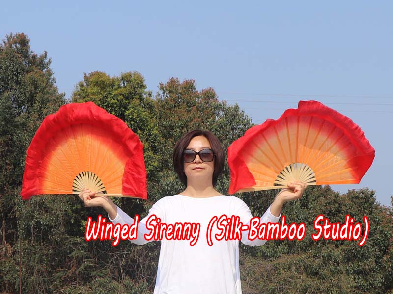 1 Pair orange-red short Chinese silk dance fan, 10cm (4") flutter
