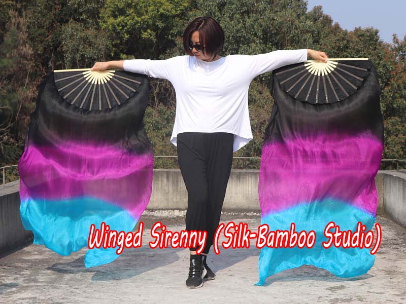 1 pair 1.5m (59") black-purple-turquoise belly dance silk fan veil