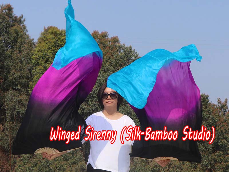 1 pair 1.5m (59") black-purple-turquoise belly dance silk fan veil