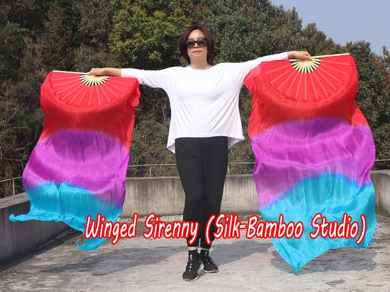 1 pair 1.5m (59") red-purple-turquoise belly dance silk fan veil