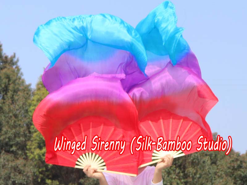 1 pair 1.5m (59") red-purple-turquoise belly dance silk fan veil