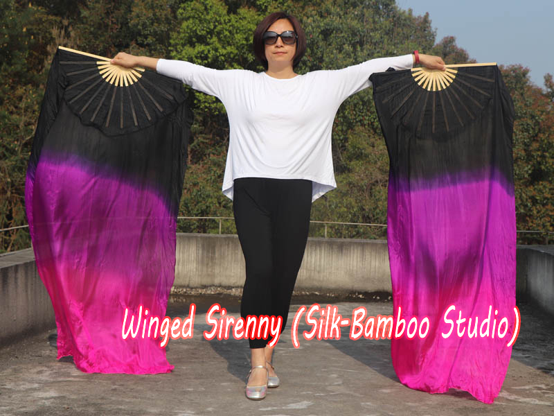 1 pair 1.8m (71") black-purple-pink belly dance silk fan veils