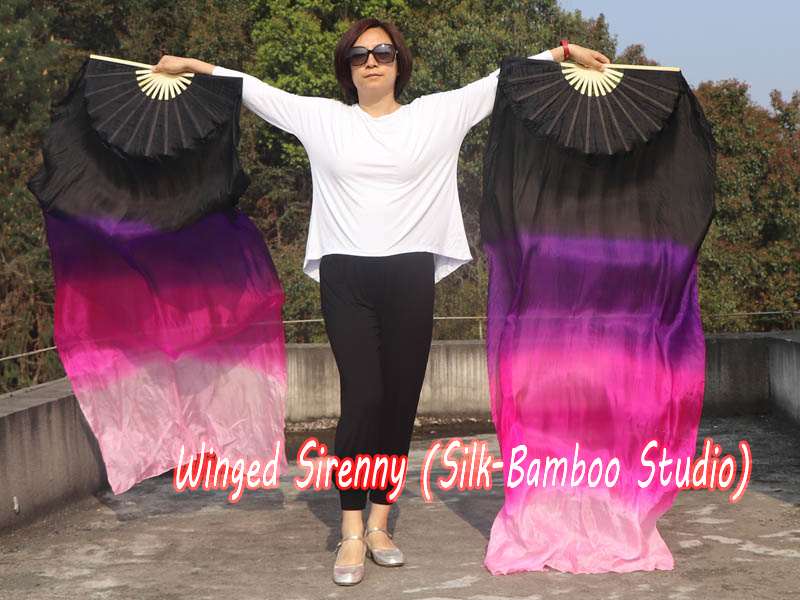 1 pair 1.8m (71") black-purple-pink-light pink belly dance silk fan veils