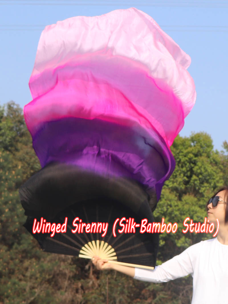 1 pair 1.8m (71") black-purple-pink-light pink belly dance silk fan veils
