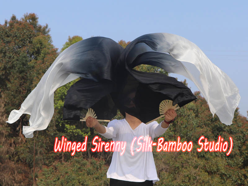 1 pair 1.8m (71") black-white belly dance silk fan veils