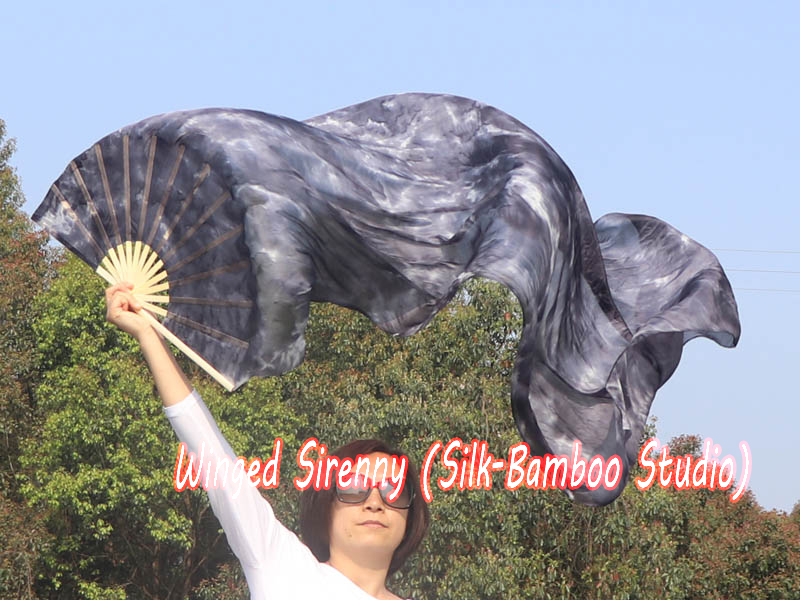 1 pair black+white 3G tie-dye belly dance silk fan veil