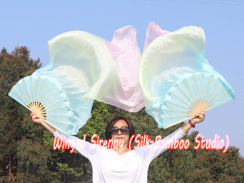 1 pair 1.5m (59") pastel (turquoise-yellow-pink) belly dance silk fan veil