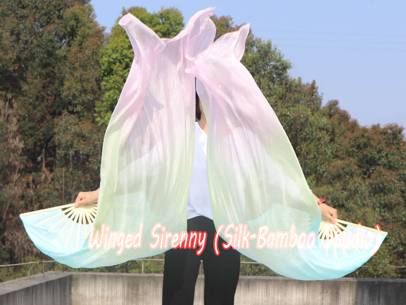 1 pair 1.5m (59") pastel (turquoise-yellow-pink) belly dance silk fan veil