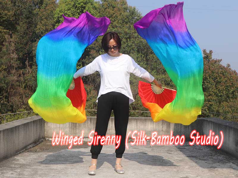 1 pair 2.4m (94") Rainbow belly dance silk fan veils
