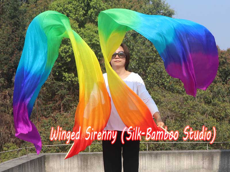 1 pair 2.4m (94") Rainbow belly dance silk fan veils