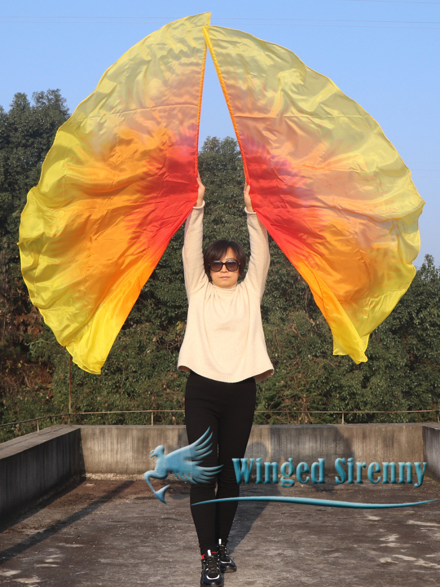 1 pair 180 cm (71") half circle prophetic angel wing silk flags, red-orange-yellow