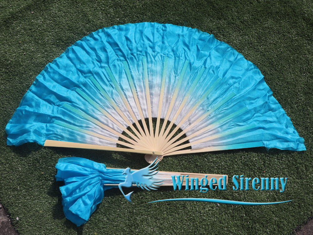 1 Pair white-turquoise short Chinese silk dance fan, 10cm (4") flutter