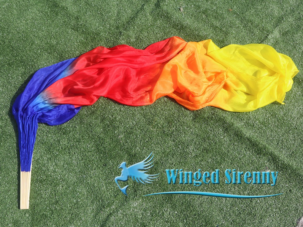 1 pair 1.8m (71") blue-red-orange-yellow belly dance silk fan veils