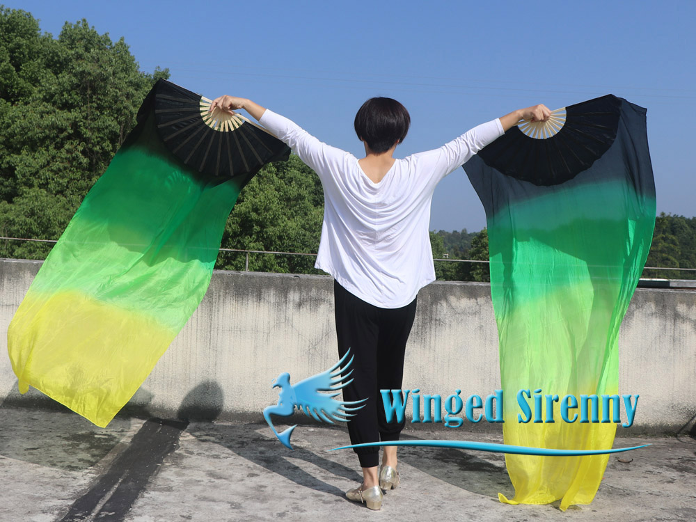 1 pair 1.8m (71") black-green-yellow belly dance silk fan veils