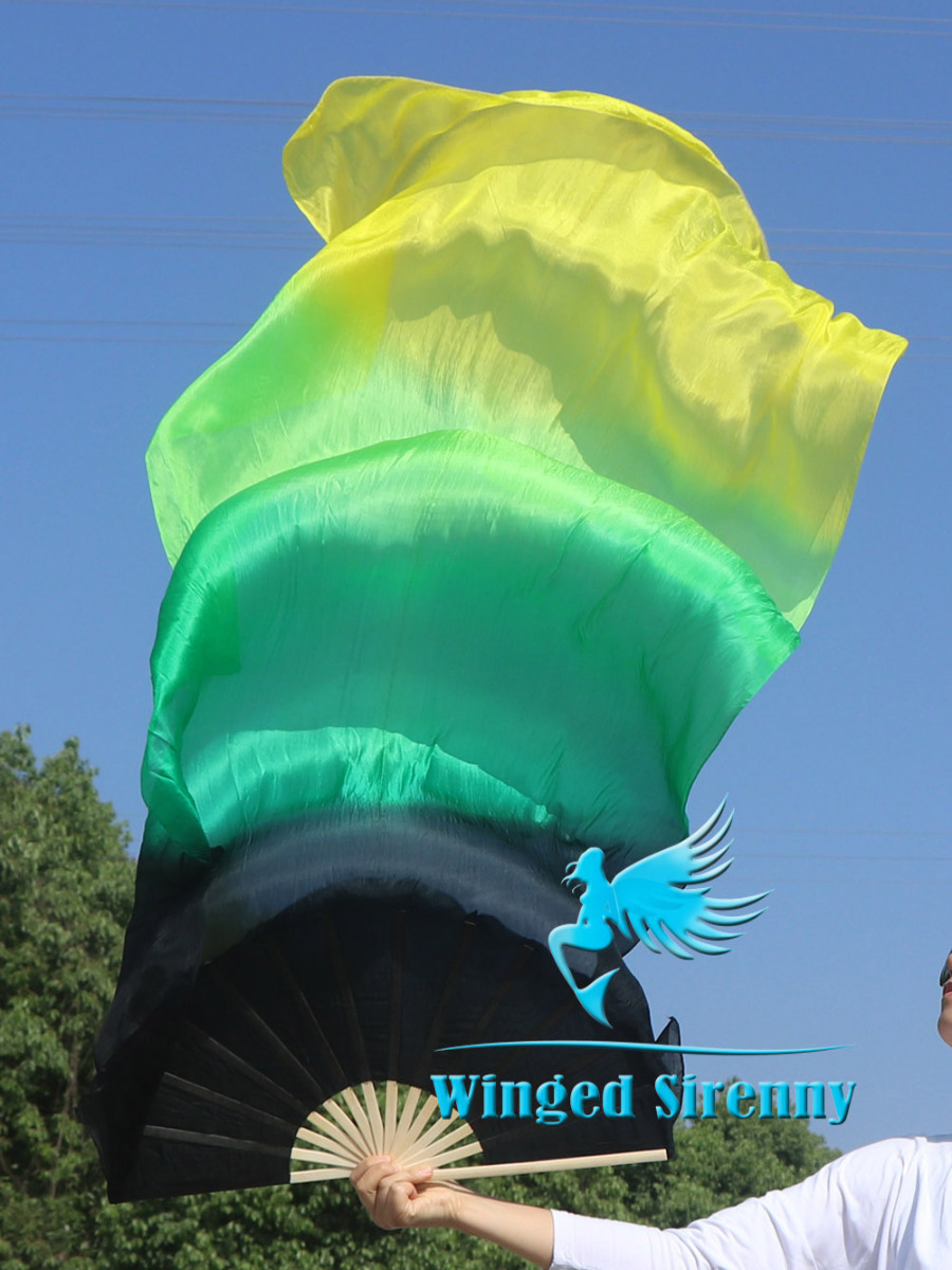 1 pair 1.8m (71") black-green-yellow belly dance silk fan veils