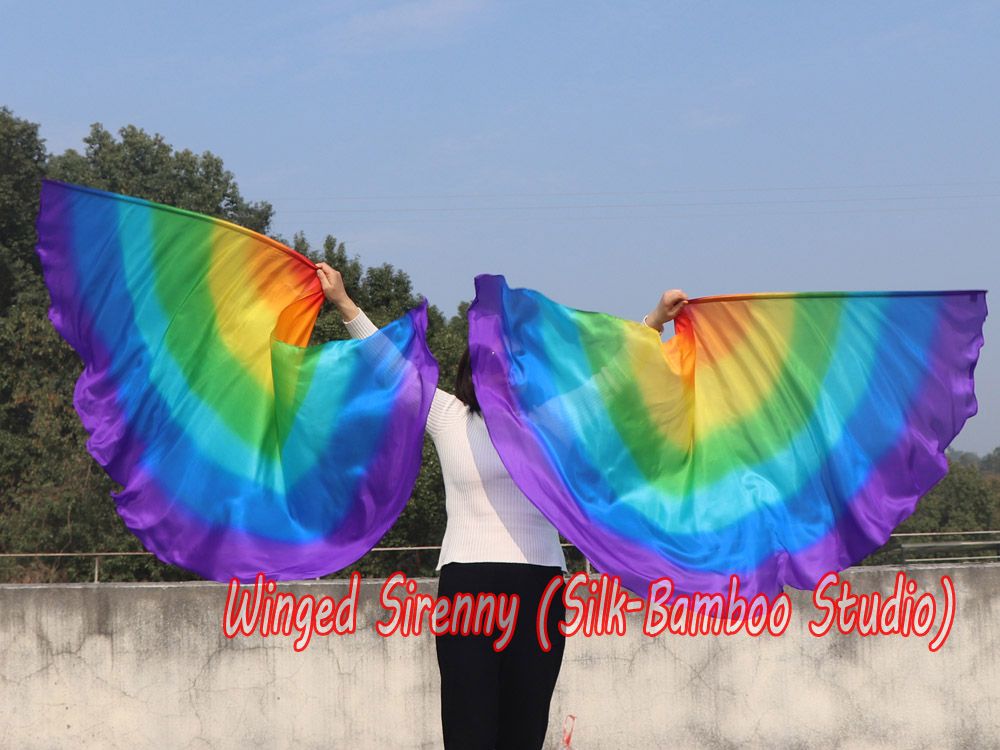 1 pair 180 cm (71") half circle prophetic angel wing silk flags, Rainbow 