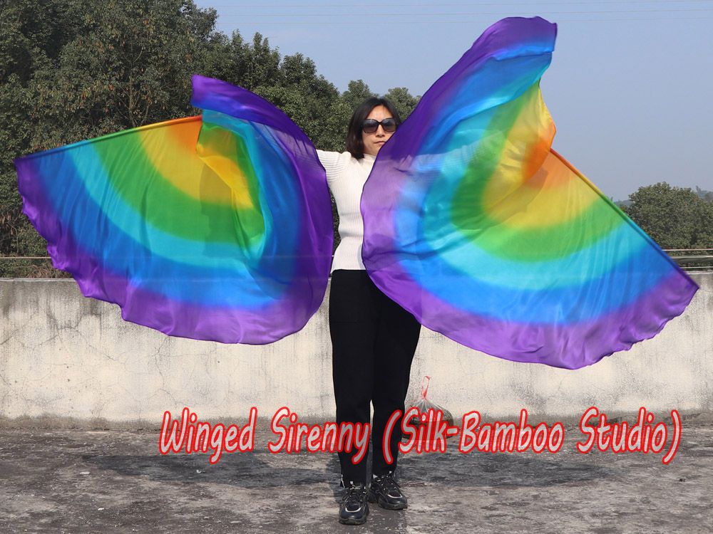 1 pair 180 cm (71") half circle prophetic angel wing silk flags, Rainbow 