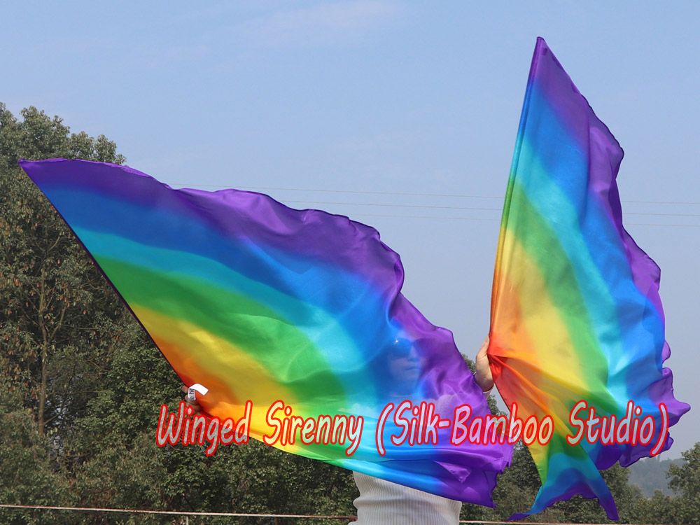 1 pair 180 cm (71") half circle prophetic angel wing silk flags, Rainbow 