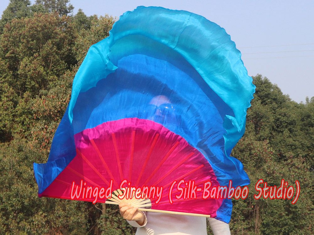 pink-blue-turquoise right hand big silk flutter fan, 41" (105 cm)