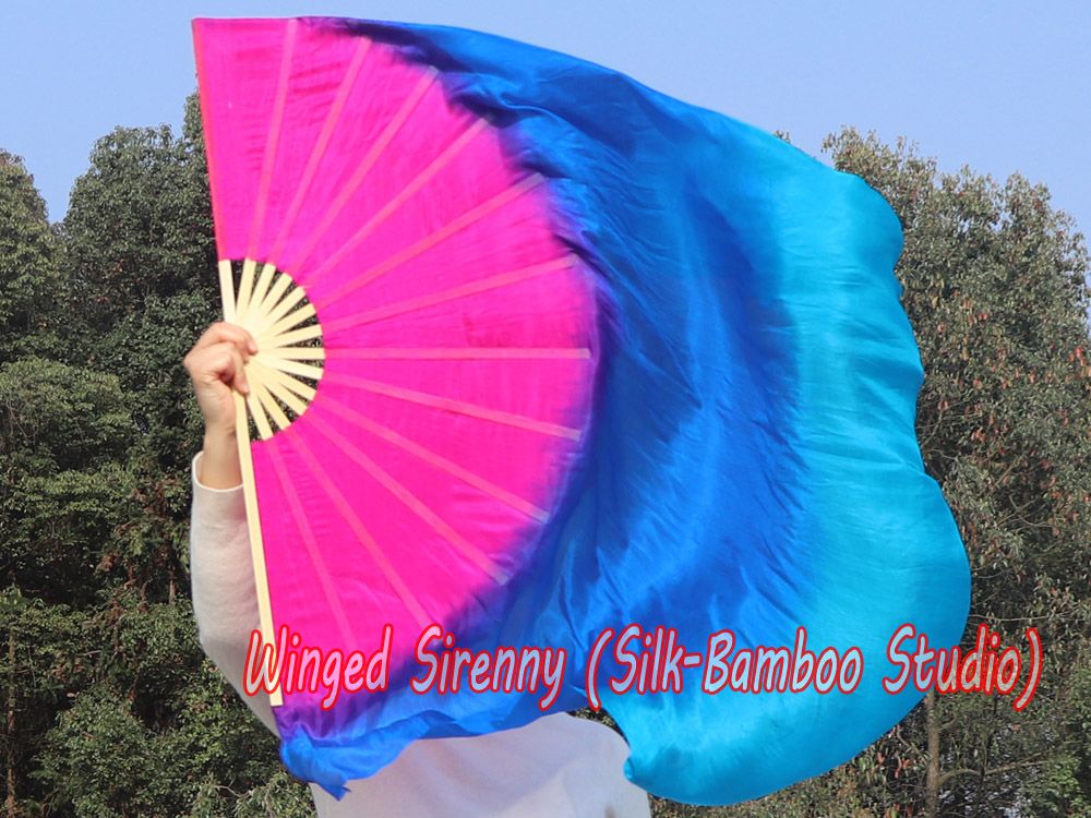 pink-blue-turquoise right hand big silk flutter fan, 41" (105 cm)