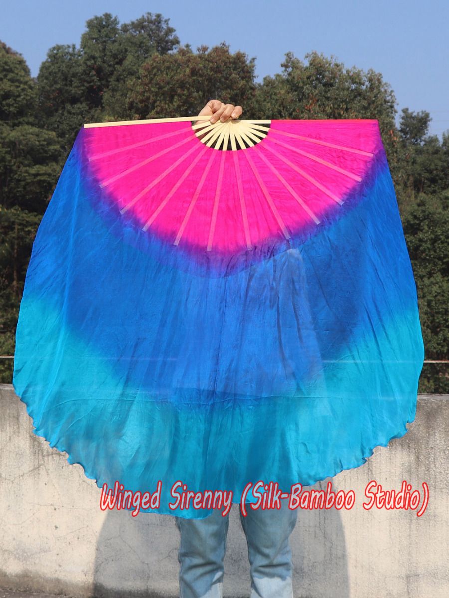 pink-blue-turquoise right hand big silk flutter fan, 41" (105 cm)