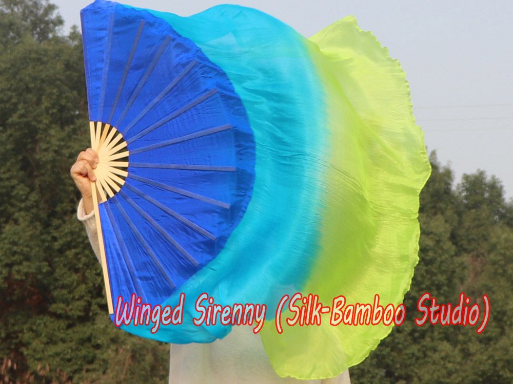 Blue-peacock-yellow green right hand big silk flutter fan