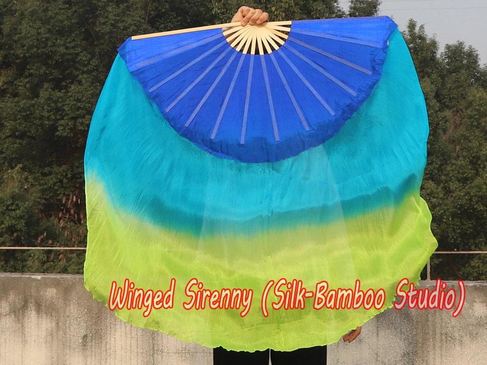 Blue-peacock-yellow green right hand big silk flutter fan