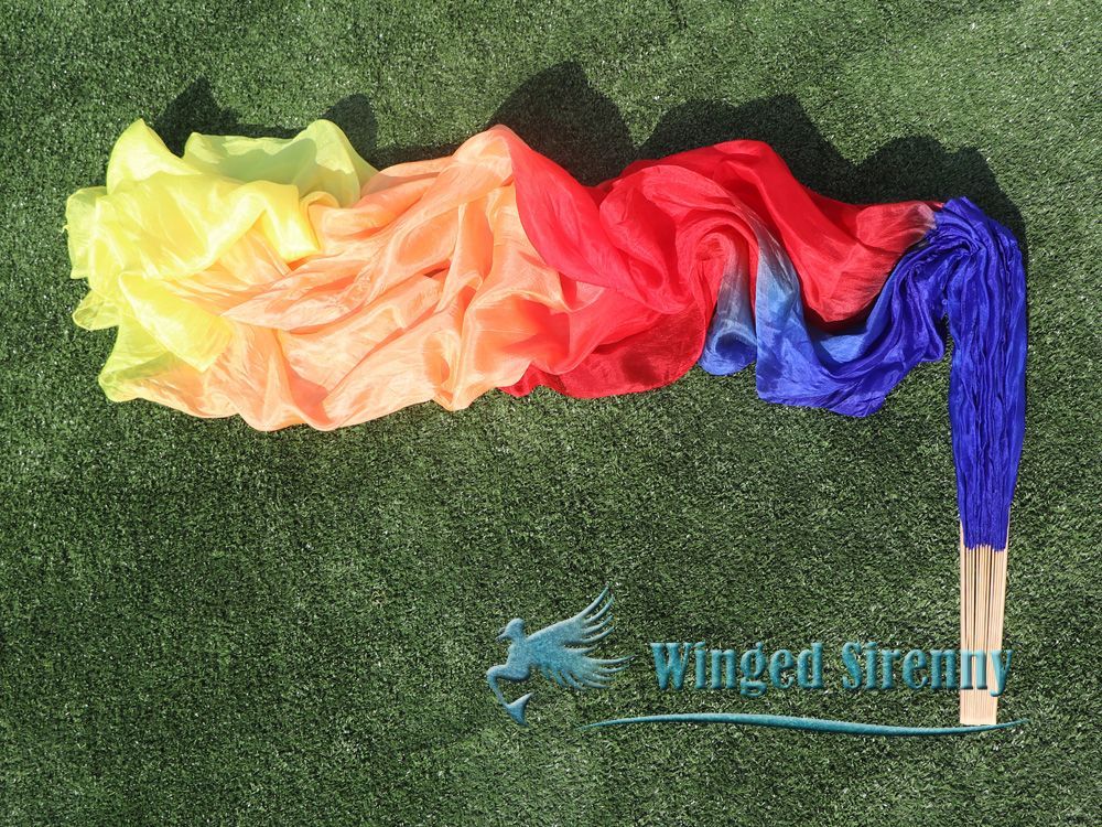 1 Piece right hand 1.8m (71") blue-red-orange-yellow belly dance silk fan veil