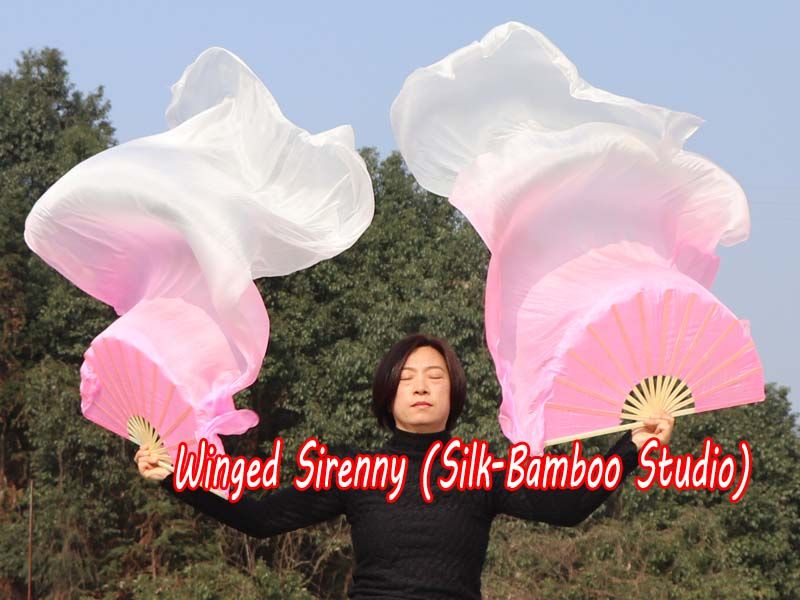 1 pair 1.5m light pink-white belly dance silk fan veil