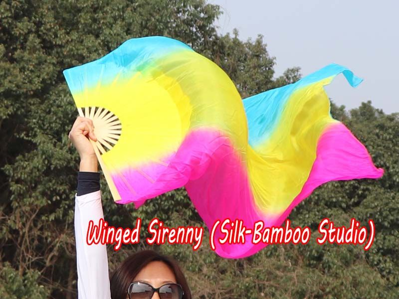 1 pair 1.1m (43") long stripes turquoise-yellow-pink silk fan veils for kids