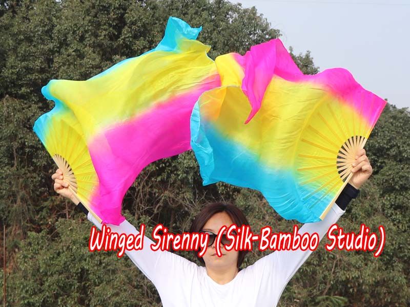 1 pair 1.1m (43") long stripes turquoise-yellow-pink silk fan veils for kids