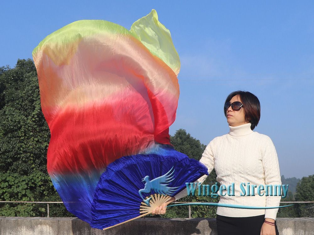 1.8m Hand Made Colorful Belly Dancing Bamboo Long Silk Fans Veils Dance FRCUS 