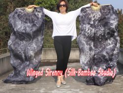 1 pair black+white 3G tie-dye belly dance silk fan veil