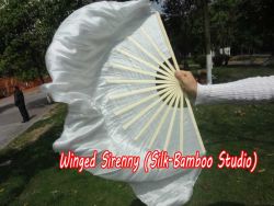 1 Pair White short Chinese silk dance fan, 30cm (12") flutter