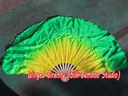 1 Pair yellow-green short Chinese silk dance fan, 20cm (8") flutter
