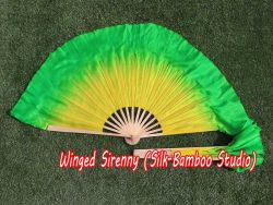 1 Pair yellow-green short Chinese silk dance fan, 10cm (4") flutter