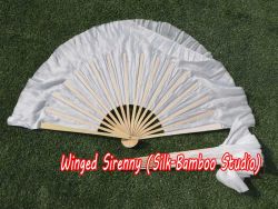 1 Pair white short Chinese silk dance fan, 10cm (4") flutter