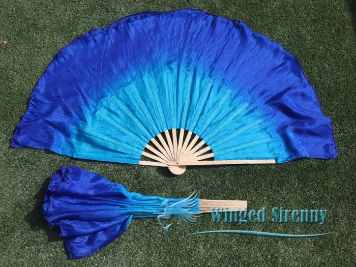 Pareja abanicos cortos de seda cyan-azul, 20cm seda