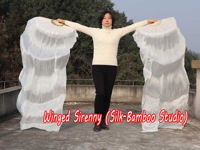 Pareja abanicos seda danza del vientre blanco 1.8m
